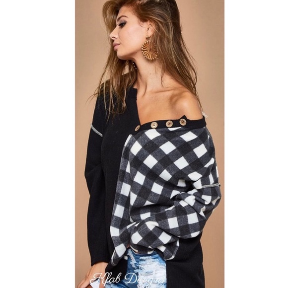 New! Sale 🔥Buffalo Plaid Soft Brushed Knit ColorBlock V Neck Button Top - Picture 6 of 14